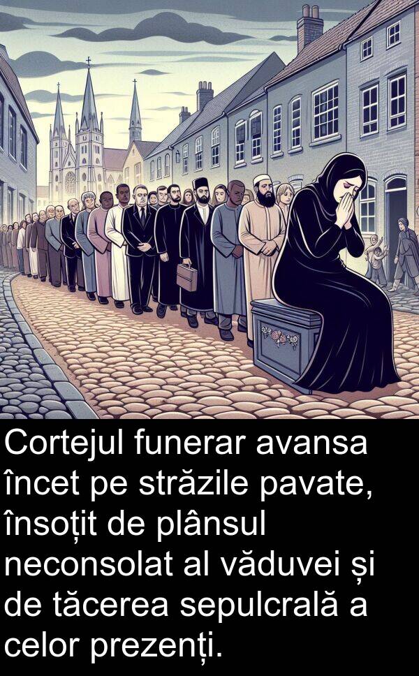 tăcerea: Cortejul funerar avansa încet pe străzile pavate, însoțit de plânsul neconsolat al văduvei și de tăcerea sepulcrală a celor prezenți.