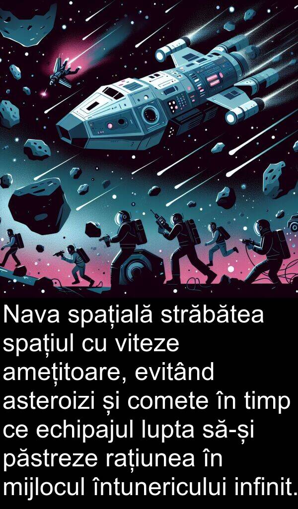 echipajul: Nava spațială străbătea spațiul cu viteze amețitoare, evitând asteroizi și comete în timp ce echipajul lupta să-și păstreze rațiunea în mijlocul întunericului infinit.