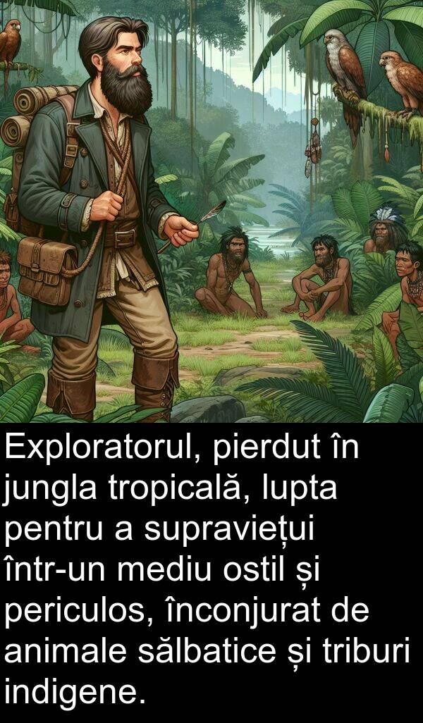 sălbatice: Exploratorul, pierdut în jungla tropicală, lupta pentru a supraviețui într-un mediu ostil și periculos, înconjurat de animale sălbatice și triburi indigene.