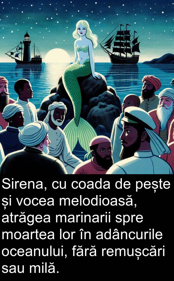 oceanului: Sirena, cu coada de pește și vocea melodioasă, atrăgea marinarii spre moartea lor în adâncurile oceanului, fără remușcări sau milă.