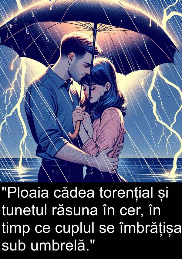 îmbrățișa: "Ploaia cădea torențial și tunetul răsuna în cer, în timp ce cuplul se îmbrățișa sub umbrelă."