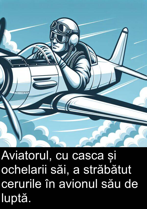 săi: Aviatorul, cu casca și ochelarii săi, a străbătut cerurile în avionul său de luptă.