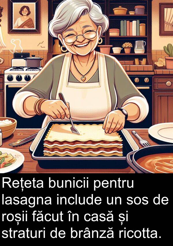 făcut: Rețeta bunicii pentru lasagna include un sos de roșii făcut în casă și straturi de brânză ricotta.