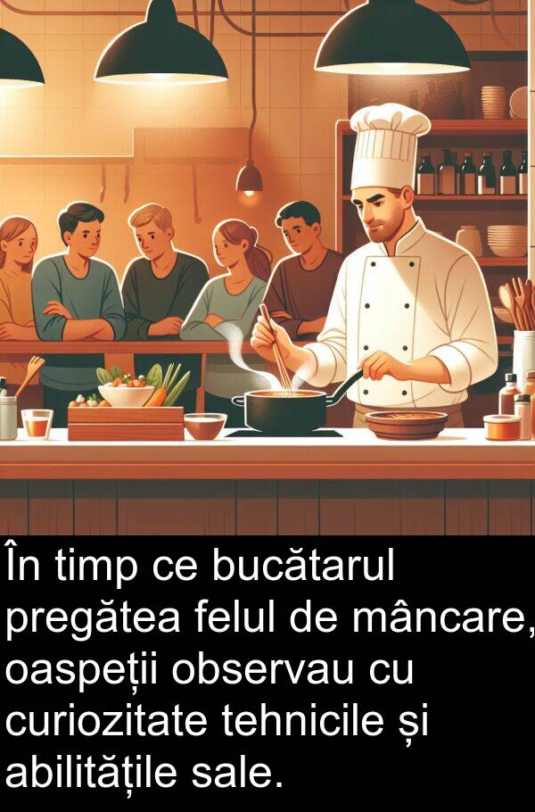 observau: În timp ce bucătarul pregătea felul de mâncare, oaspeții observau cu curiozitate tehnicile și abilitățile sale.