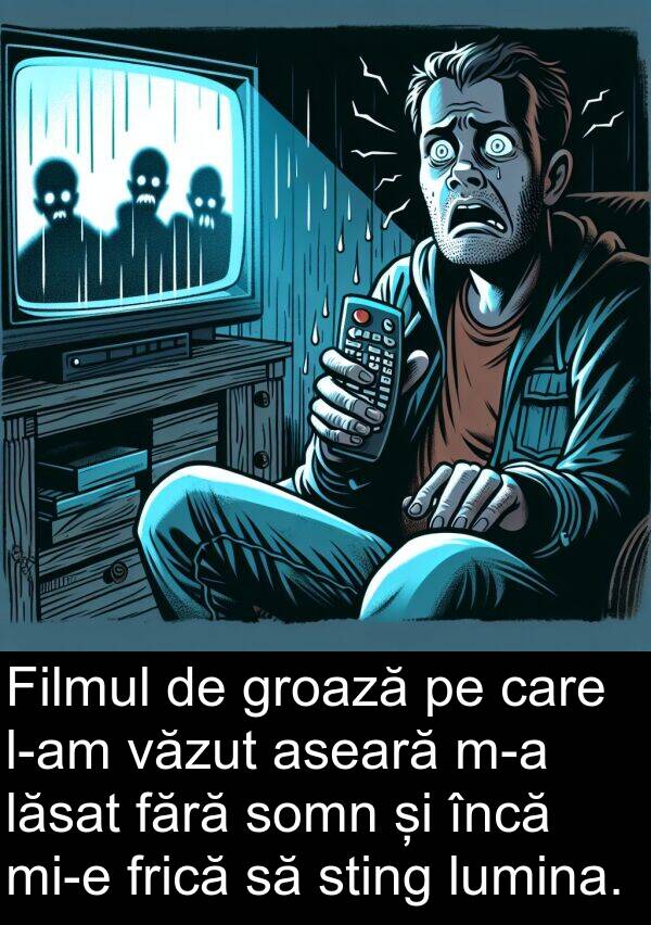 încă: Filmul de groază pe care l-am văzut aseară m-a lăsat fără somn și încă mi-e frică să sting lumina.