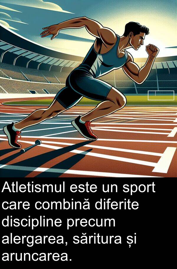 săritura: Atletismul este un sport care combină diferite discipline precum alergarea, săritura și aruncarea.