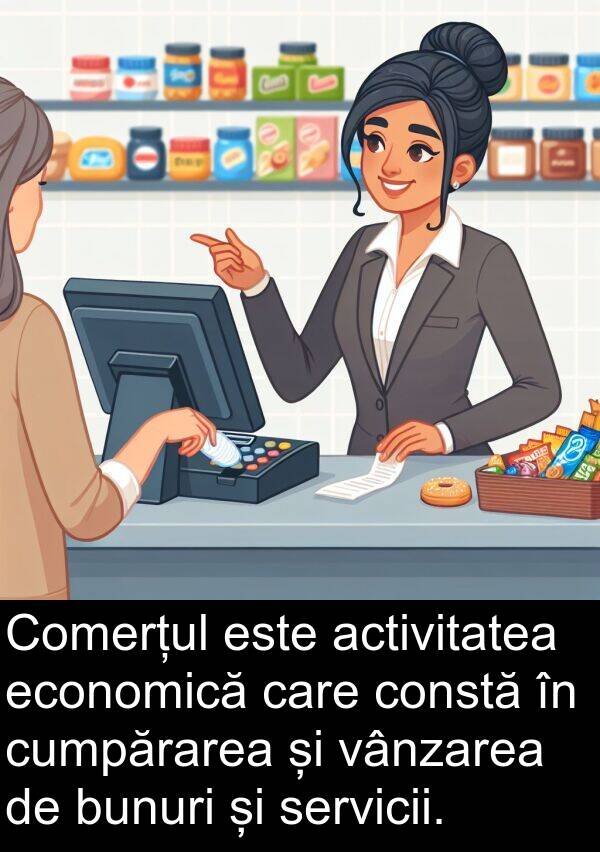 vânzarea: Comerțul este activitatea economică care constă în cumpărarea și vânzarea de bunuri și servicii.