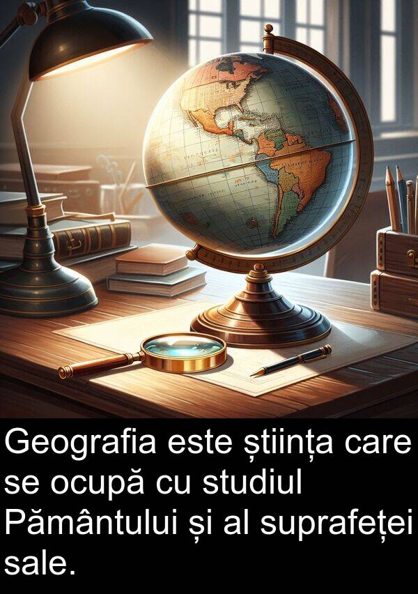 știința: Geografia este știința care se ocupă cu studiul Pământului și al suprafeței sale.