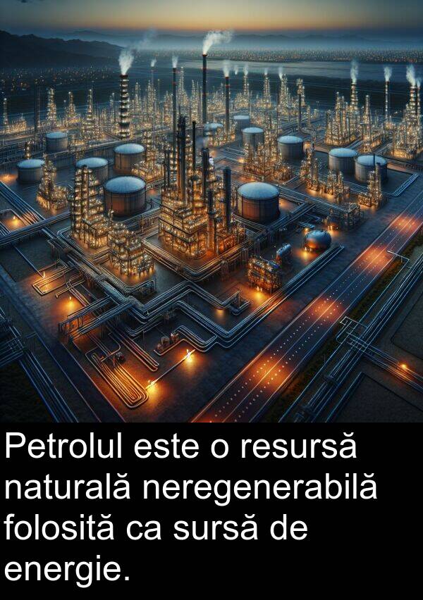 naturală: Petrolul este o resursă naturală neregenerabilă folosită ca sursă de energie.