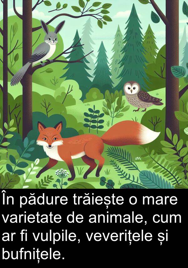 varietate: În pădure trăiește o mare varietate de animale, cum ar fi vulpile, veverițele și bufnițele.