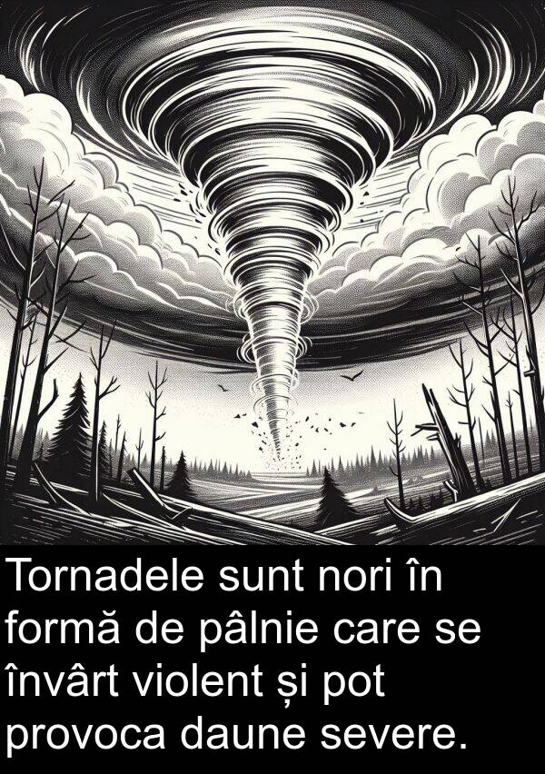 daune: Tornadele sunt nori în formă de pâlnie care se învârt violent și pot provoca daune severe.