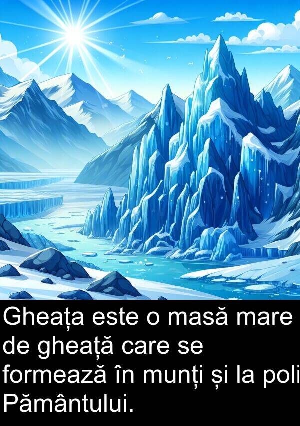 masă: Gheața este o masă mare de gheață care se formează în munți și la poli Pământului.