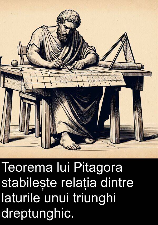 laturile: Teorema lui Pitagora stabilește relația dintre laturile unui triunghi dreptunghic.