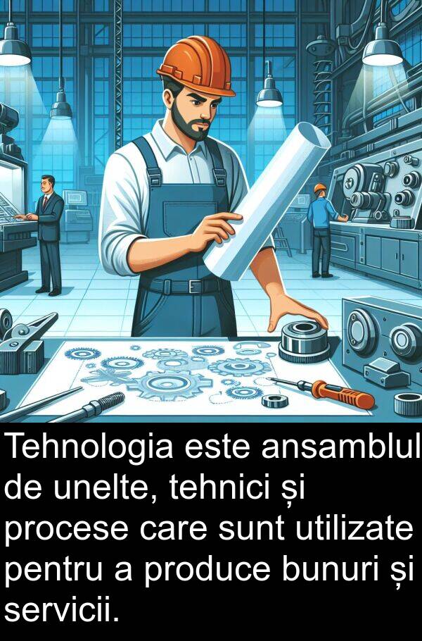 tehnici: Tehnologia este ansamblul de unelte, tehnici și procese care sunt utilizate pentru a produce bunuri și servicii.