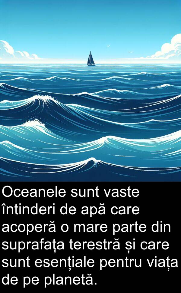 vaste: Oceanele sunt vaste întinderi de apă care acoperă o mare parte din suprafața terestră și care sunt esențiale pentru viața de pe planetă.