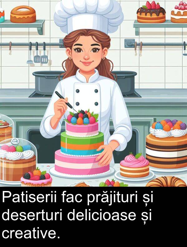 fac: Patiserii fac prăjituri și deserturi delicioase și creative.