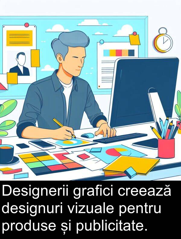 vizuale: Designerii grafici creează designuri vizuale pentru produse și publicitate.