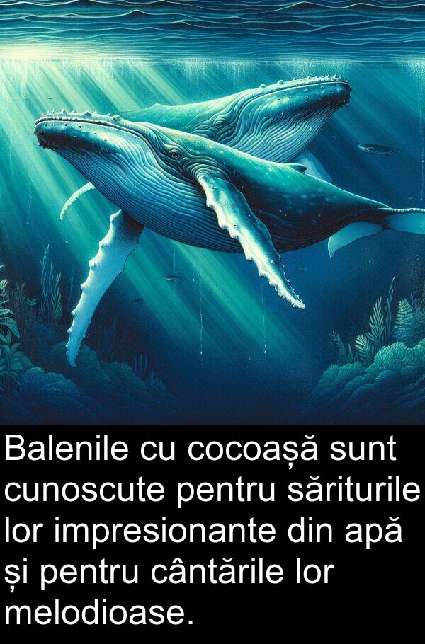 săriturile: Balenile cu cocoașă sunt cunoscute pentru săriturile lor impresionante din apă și pentru cântările lor melodioase.