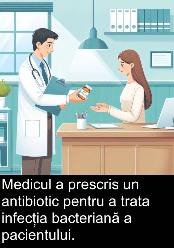 bacteriană: Medicul a prescris un antibiotic pentru a trata infecția bacteriană a pacientului.