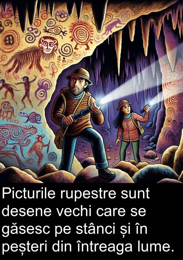 vechi: Picturile rupestre sunt desene vechi care se găsesc pe stânci și în peșteri din întreaga lume.