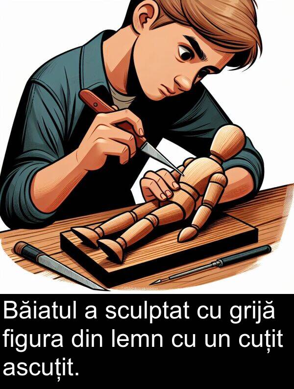 sculptat: Băiatul a sculptat cu grijă figura din lemn cu un cuțit ascuțit.