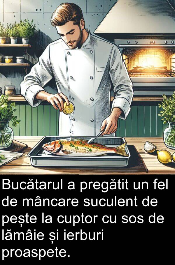 ierburi: Bucătarul a pregătit un fel de mâncare suculent de pește la cuptor cu sos de lămâie și ierburi proaspete.