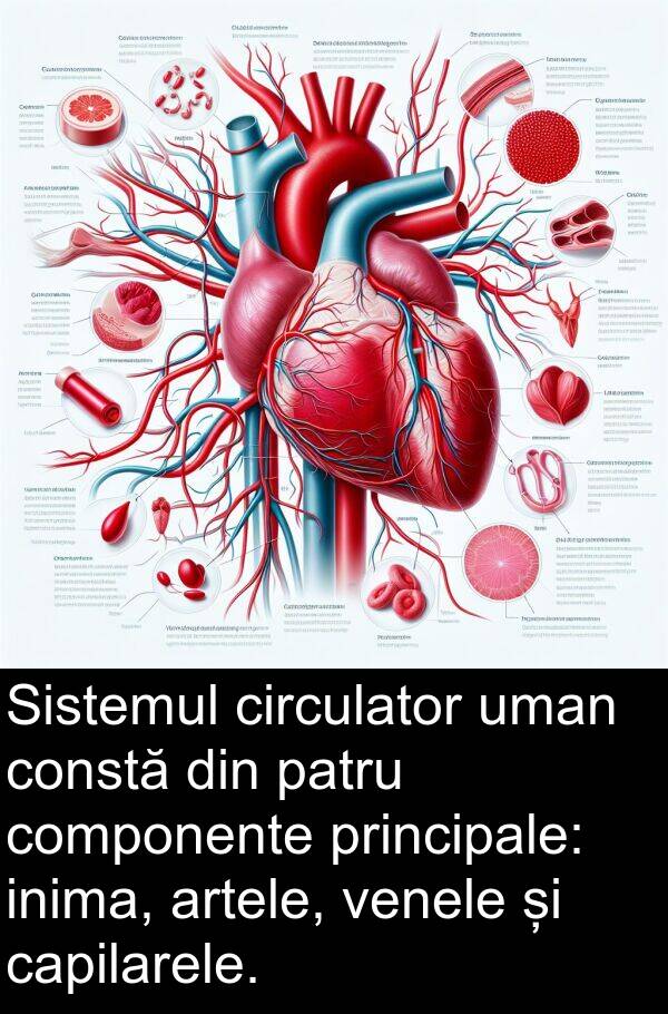 uman: Sistemul circulator uman constă din patru componente principale: inima, artele, venele și capilarele.