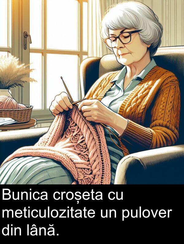 meticulozitate: Bunica croșeta cu meticulozitate un pulover din lână.