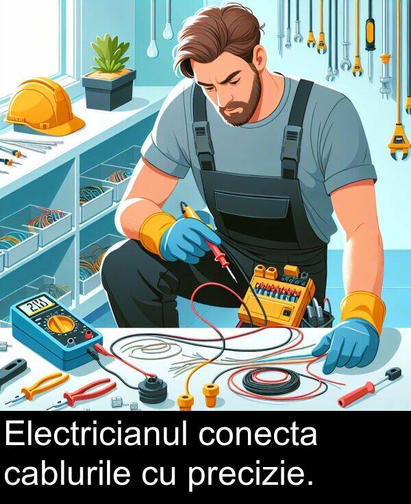 cablurile: Electricianul conecta cablurile cu precizie.