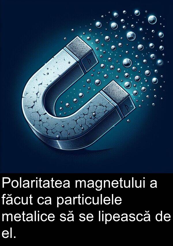 făcut: Polaritatea magnetului a făcut ca particulele metalice să se lipească de el.