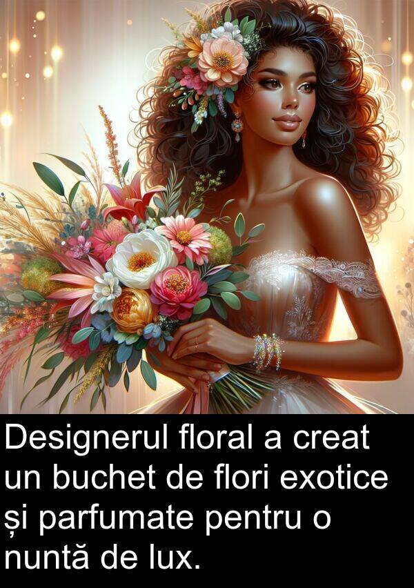 exotice: Designerul floral a creat un buchet de flori exotice și parfumate pentru o nuntă de lux.