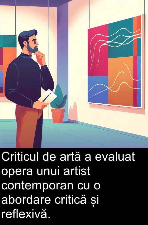 contemporan: Criticul de artă a evaluat opera unui artist contemporan cu o abordare critică și reflexivă.