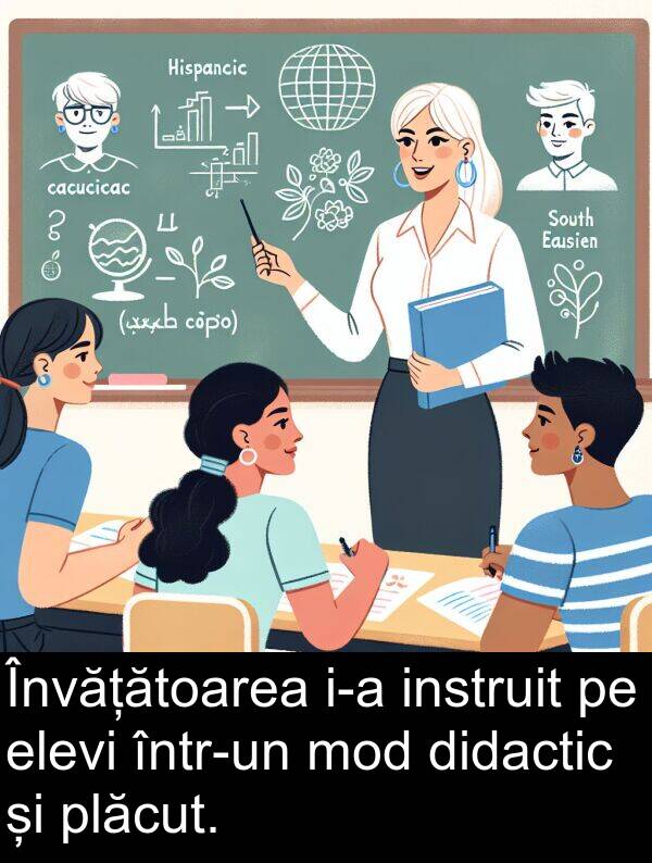 instruit: Învățătoarea i-a instruit pe elevi într-un mod didactic și plăcut.