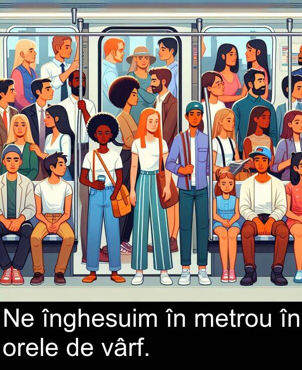 vârf: Ne înghesuim în metrou în orele de vârf.