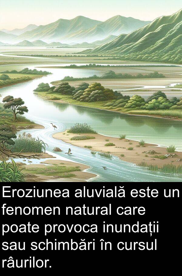 natural: Eroziunea aluvială este un fenomen natural care poate provoca inundații sau schimbări în cursul râurilor.