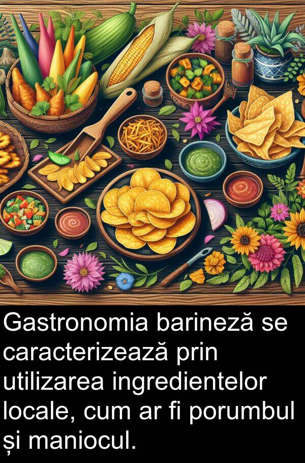 barineză: Gastronomia barineză se caracterizează prin utilizarea ingredientelor locale, cum ar fi porumbul și maniocul.