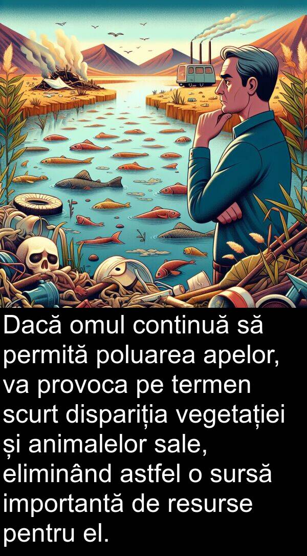 vegetației: Dacă omul continuă să permită poluarea apelor, va provoca pe termen scurt dispariția vegetației și animalelor sale, eliminând astfel o sursă importantă de resurse pentru el.