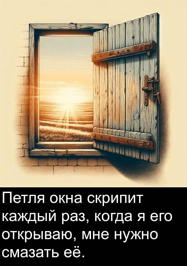 смазать: Петля окна скрипит каждый раз, когда я его открываю, мне нужно смазать её.