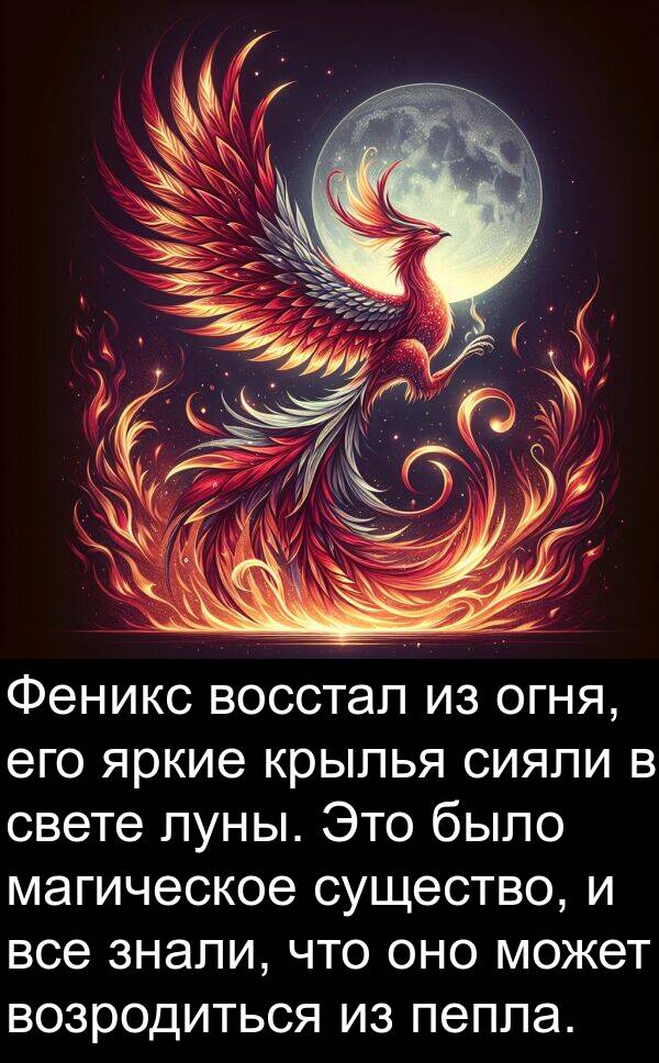 яркие: Феникс восстал из огня, его яркие крылья сияли в свете луны. Это было магическое существо, и все знали, что оно может возродиться из пепла.