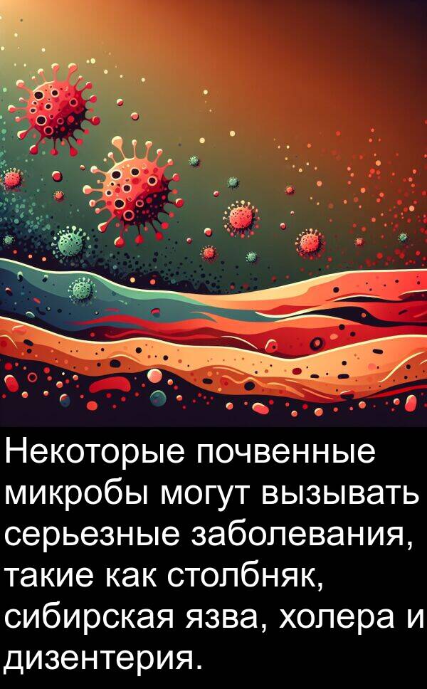 заболевания: Некоторые почвенные микробы могут вызывать серьезные заболевания, такие как столбняк, сибирская язва, холера и дизентерия.