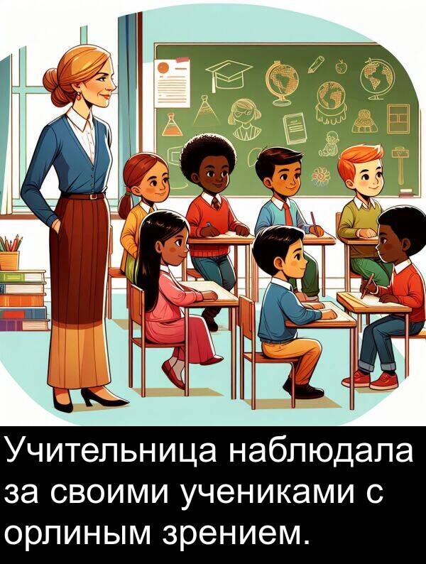 наблюдала: Учительница наблюдала за своими учениками с орлиным зрением.