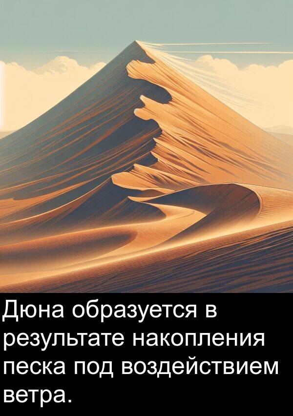 воздействием: Дюна образуется в результате накопления песка под воздействием ветра.