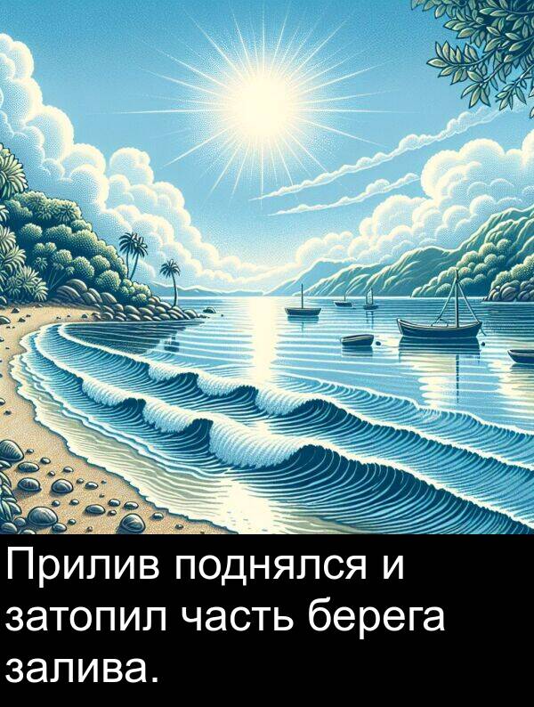 часть: Прилив поднялся и затопил часть берега залива.