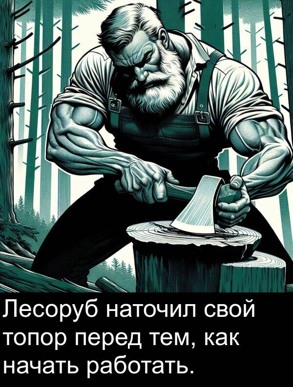 перед: Лесоруб наточил свой топор перед тем, как начать работать.