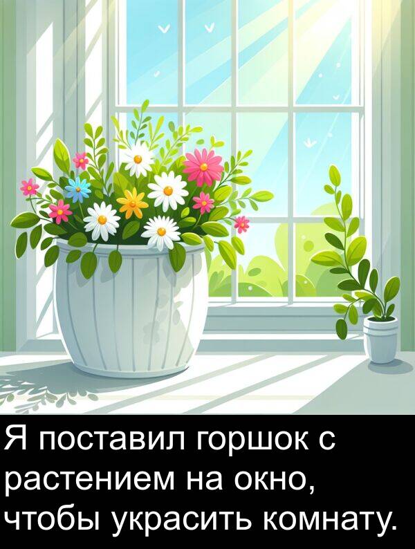 комнату: Я поставил горшок с растением на окно, чтобы украсить комнату.
