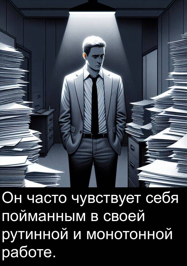 работе: Он часто чувствует себя пойманным в своей рутинной и монотонной работе.