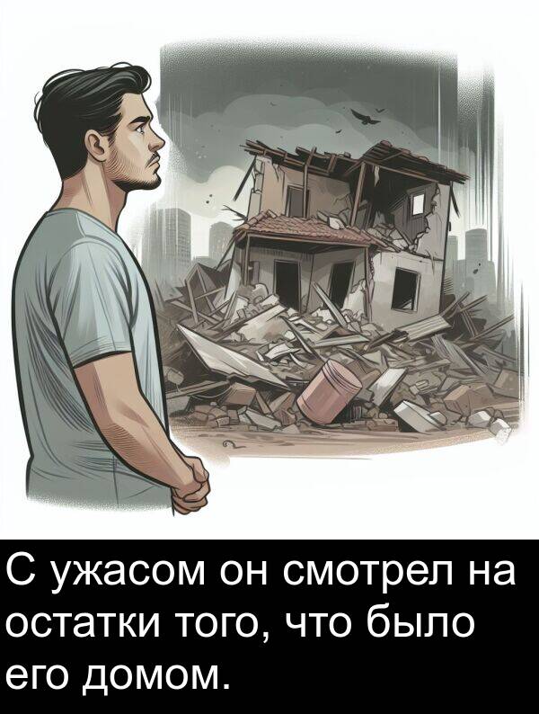 ужасом: С ужасом он смотрел на остатки того, что было его домом.