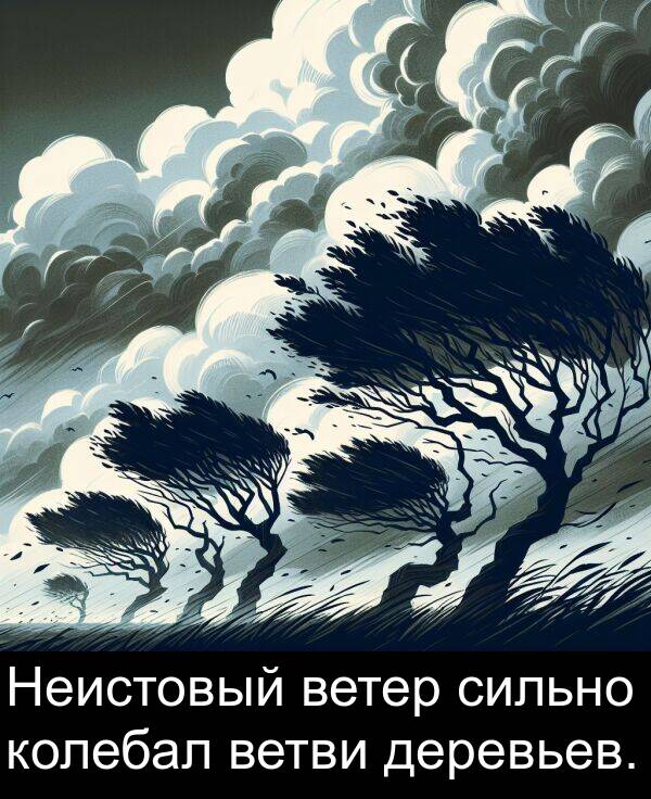 ветви: Неистовый ветер сильно колебал ветви деревьев.