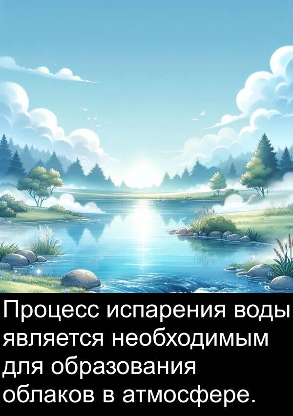 атмосфере: Процесс испарения воды является необходимым для образования облаков в атмосфере.