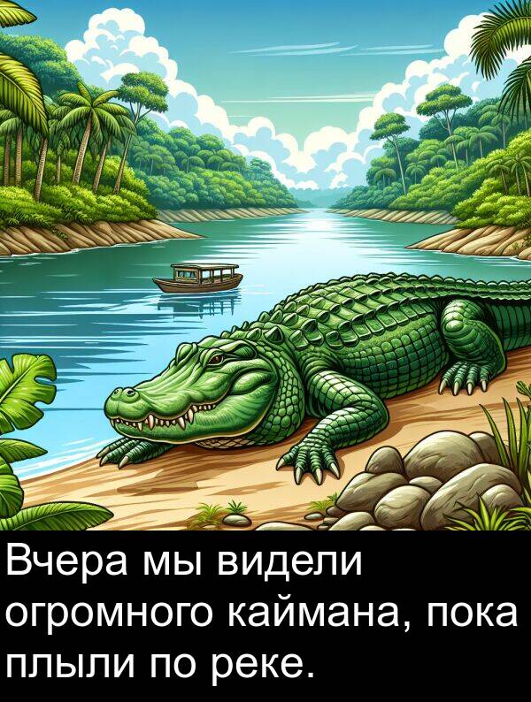 пока: Вчера мы видели огромного каймана, пока плыли по реке.